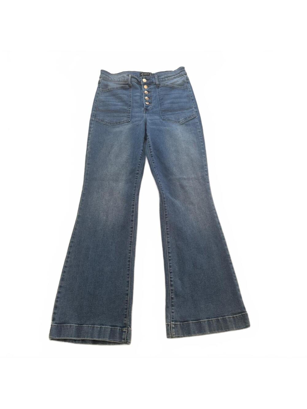 Nanette Lepore Jolie Flare Jeans 8 Super High Rise Flare Button Fly Patch Pocket